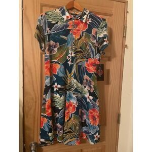 Cocomo Womens Tropical Floral Quarter Zip Ring Pull Shift Dress Large NWT